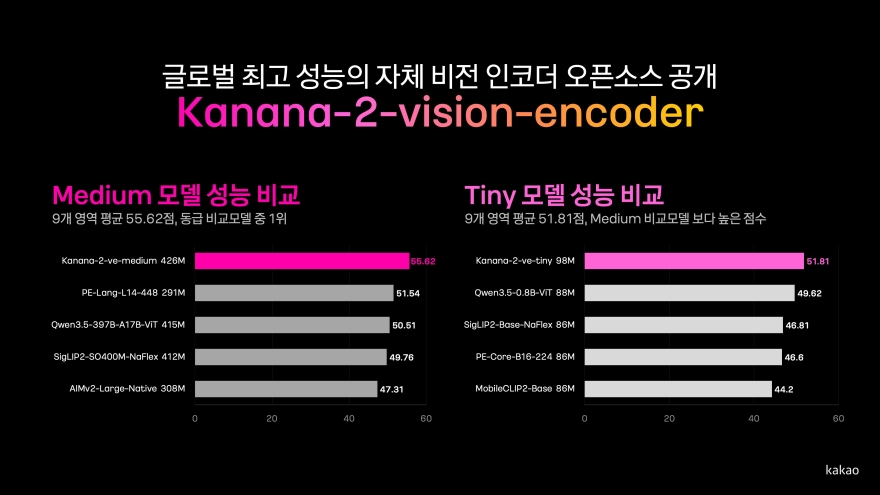 카카오가 공개한 카나나 비전 인코더 medium·tiny와 비교 모델의 9개 영역 평균 점수 그래프