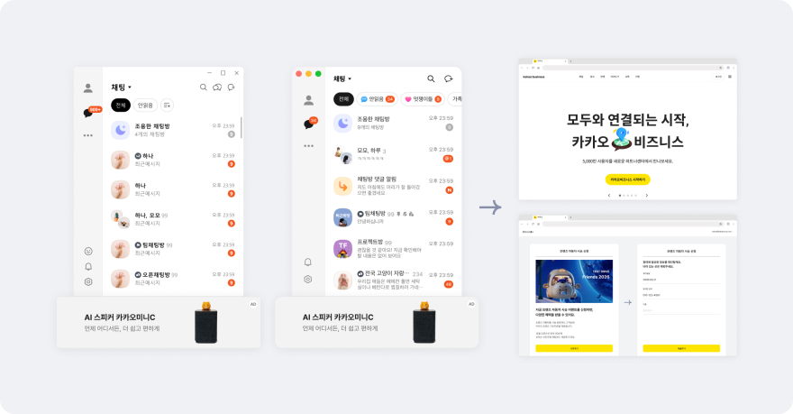Windows와 Mac 카카오톡의 PC 비즈보드 광고 노출 예시
